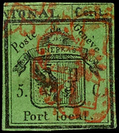 1843, 5 Cent Rechte Hälfte Der Doppelgenf Gelbgrün, Gestempelt Mit Roter Genferrosette, Der Obere Textteil (NTONAL CENT) - 1843-1852 Federal & Cantonal Stamps