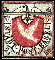 1845, 2 1/2 Rappen Baslertaube Rot/blau/schwarz, Farbfrisch Und Leicht Sauber Gestempelt Mit Rotem Datumsstempel "BASEL" - 1843-1852 Kantonalmarken Und Bundesmarken