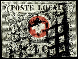 1849, 4 Cent Waadt Rot/schwarz, Allseits Sehr Schmalrandig, Farbfrisch Und Sauber Gestempelt Mit Schwarzer Genferraute,  - Other & Unclassified