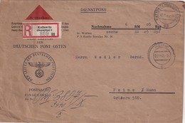 ALLEMAGNE 1943 OCCUPATION POLOGNE LETTRE CONTRE-REMBT.  RECOMMANDEE EN FRANCHISE DE KATTOWITZ - Ocupación 1938 – 45