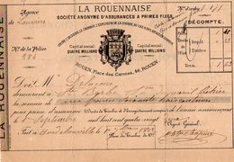 VP16.473 - HEUDEBOUVILLE  1882 - Reçu - Sté D'Assurance ¨ LA ROUENNAISE ¨ à ROUEN - Banco & Caja De Ahorros