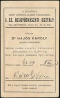 1938 A Budapesti Gróf Apponyi Albert Poliklinika I. Sz. Belgyógyászati Osztály által Kiadott Jegy Szegény Betegek Számár - Sin Clasificación