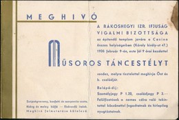 1935 Meghívó A Rákoshegyi Izr. Ifjúság Vigalmi Bizottsága által Rendezett Műsoros Táncestélyre - Otros & Sin Clasificación