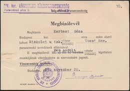 1959 Bp., XIV. Ker. Légoltalmi Törzsparancsnokság által Kiállított Megbízólevél - Sonstige & Ohne Zuordnung