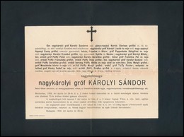 1906 Gr. Károlyi Sándor Volt Huszárfőhadnagy Halotti értesítője Postán Elküldve - Sin Clasificación