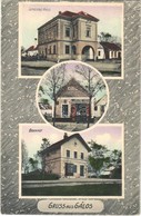 T2/T3 1915 Gálos, Gols; Gemeindehaus, Spezerei Geschäft M. Wendelin, Bahnhof / Községháza, Vasútállomás, Wendelin Mátyás - Non Classés