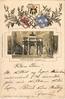 T2 München, Munich; Siegesthir / Battle Gate. Wolfrum & Hauptmann Art Nouveau, Coat Of Arms, Emb. Litho - Ohne Zuordnung