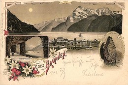* T2/T3 Brunnen,  Schiller Stein, Axenstrasse / Mountains, Road. Postkarten Verlag Künzli Art Nouveau, Floral, Litho  (R - Sonstige & Ohne Zuordnung