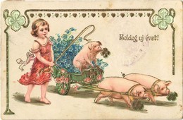 T2/T3 1915 Boldog Újévet! / New Year Greeting With Pigs And Girl. Emb. Golden Litho (EK) - Sin Clasificación