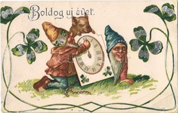 T2/T3 1931 Boldog újévet! / New Year Greeting Card, Dwarves (dwarf), Pig, Clock, Clovers, Silver Decoration, Litho (EK) - Sin Clasificación