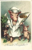 T3 Prosit Neujahr! / New Year Greeting Card, Pigs, Clovers, Coins, M.B.N. Litho (wet Corners) - Non Classés