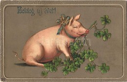 * T2/T3 Boldog Újévet! / New Year Greeting Art Postcard, Pig With Clovers. Emb. Litho (EK) - Sin Clasificación