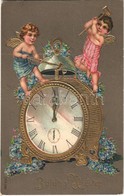 T2/T3 1908 Boldog Újévet! / New Year Greeting Art Postcard, Angels With Clock. Emb. Floral, Litho - Sin Clasificación