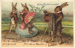 T2 1905 Boldog Húsvéti Ünnepeket! / Easter Greeting Art Postcard, Rabbit Photographer. Emb. Golden Decoration Litho - Non Classés