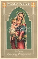 ** T2/T3 St. Maria, Herzlichen Glückwunsch Zum Namenstage / Virgin Mary With Baby Jesus, Religious Name Day Greeting Car - Non Classés