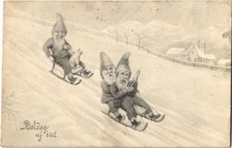 T2 1917 Boldog új évet! / Happy New Year! Dwarves Sledding In Winter. V.K. Vienne 5282. - Non Classés