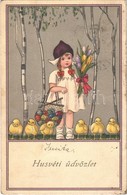 * T2/T3 1924 Húsvéti üdvözlet / Easter Greeting Card, Girl With Flowers And Easter Eggs, Chicken, Meissner & Buch Serie  - Non Classés