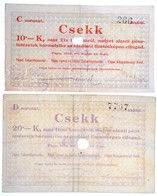 Pápa 1919. Május 8. 'Pápai Csekk' 10K Lyukasztással érvénytelenítve és Ovális Szárazbélyegzővel, C Sorozat + 'Pápai Csek - Non Classés