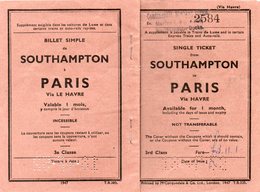 Billet Ticket Simple Trajet Southampton Au Havre Par Bateau Et Via  Paris St Lazare Par Chemin De Fer. SNCF .18.7.1952. - Europe