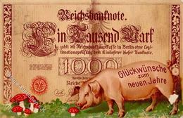 Geldschein Auf AK Schwein Pilze Neujahr 1907 II (Abschürfung, Kl. Eckbug) Cochon Bonne Annee - Other & Unclassified