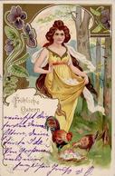 Ostern Frau Hühner Lithographie 1902 I-II (Marke Entfernt) Paques - Pasen