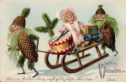 Weihnachten Tannenzapfen Personifiziert Puppe Spielzeug Lithographie / Prägedruck 1904 I-II Noel Jouet - Other & Unclassified