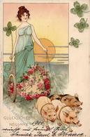 Neujahr Frau Schweine Lithographie 1899 I-II Cochon Bonne Annee - Neujahr