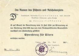 Verleihungsurkunde Ehrekreuz Für Eltern I-II - War 1939-45