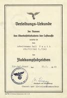 Verleihungsurkunde Flakkampfabzeichen I-II - Weltkrieg 1939-45