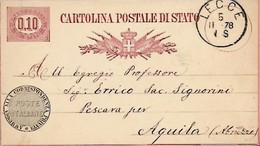 Intero C3 ; Lecce 5-11-1878 Per L'Aquila - Interi Postali