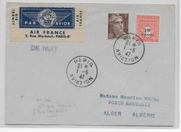 1947 - ENVELOPPE De PARIS AVIATION Par AVION De NUIT => ALGER  POSTE RESTANTE Avec TAXE ALGERIE AU DOS ! - 1960-.... Covers & Documents