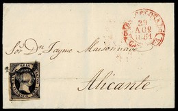 1851. BARCELONA A ALICANTE. 6 CUARTOS NEGRO ED. 6 MAT. ARAÑA. FECHADOR ROJO. AL DORSO LLEGADA. BONITA CARTA COMPLETA. - Covers & Documents