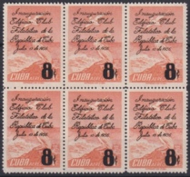 1956-371 CUBA REPUBLICA 1956 Ed.664 8c INAUGURACION CLUB FILATELICO AVES BIRD SURCHARGE BLOCK 6 NO GUM - Unused Stamps