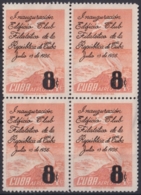 1956-373 CUBA REPUBLICA 1956 Ed.664 8c INAUGURACION CLUB FILATELICO AVES BIRD SURCHARGE BLOCK 4 NO GUM. - Unused Stamps