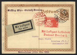 AUSTRIA: 21/DE/1927 First Flight Wien - Breslau, Postal Card Of VF Quality! - Andere & Zonder Classificatie