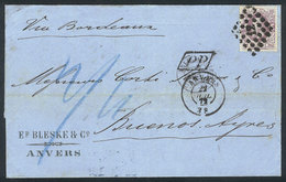 BELGIUM: 22/JUL/1872 ANVERS - Argentina: Entire Letter Franked With Pair Sc.36 (Leopold II 1Fr. Light Lical), With Numer - Autres & Non Classés