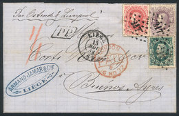 BELGIUM: 15/NO/1872 LIEGE - Argentina: Folded Cover Franked By Sc.32 + 35 + 36 (Leopold II 10c + 40c + 1Fr.), Numeral "2 - Autres & Non Classés