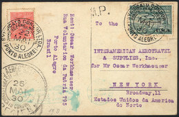 BRAZIL: Postcard Sent Via ZEPPELIN From Porto Alegre To New York On 22/MAY/1930, Franked By Sc.4CL8 + Definitive Stamp O - Otros & Sin Clasificación