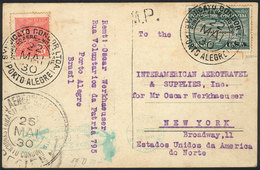 BRAZIL: Postcard Sent Via ZEPPELIN From Porto Alegre To New York On 22/MAY/1930, Franked By Sc.4CL8 + Definitive Stamp O - Andere & Zonder Classificatie