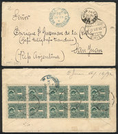 CHILE: 2/AU/1892 Santiago - San Juan (Argentina), Cover Franked On Back With Block Of 10 Stamps Columbus 1c. Green (2nd  - Cile