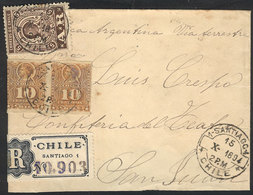 CHILE: Cover Sent From Santiago To San Juan (Argentina) On 15/OC/1894 By Registered Mail With AR, Franked By Yv.25 Pair  - Chile