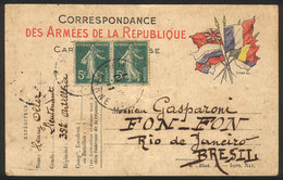 FRANCE: Free Postage Card For Soldiers At The War Front, Sent To Brazil On 12/DE/1915 With Additional Franking Of 10c.,  - Altri & Non Classificati