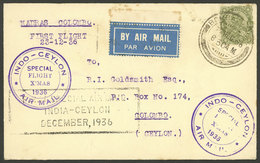 BRITISH INDIA: 22/DE/1936 Bombay - Colombo (Ceylon), Special Christmas Flight, Cover With Arrival Backstamp, Nice Piece - Otros & Sin Clasificación