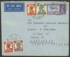 PAKISTAN: 28/MAR/1947 Karachi - Canary Islands (Spain), 14As. Aerogram + Additional Postage Of British India, Arrival Ba - Pakistan