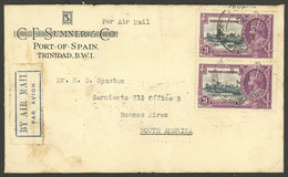 TRINIDAD AND TOBAGO: 15/JUL/1935 Port Of Spain - Argentina, Registered Airmail Cover Franked With Pair Sc.46, Arrival Ba - Trinidad & Tobago (...-1961)