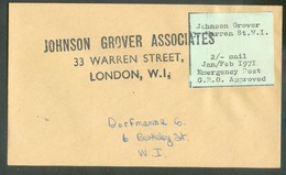 Vignette Anglaise JOHNSON GROVER WARREN St. W.I. 2/- Mail Jan/Feb. 1971 Emergency Post G.P.O. Approved. Annulé Par La Gr - Sonstige & Ohne Zuordnung