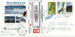 Belle Lettre Recommandée Postée à ENCAMP, Adressée à Singapour (timbres Oiseaux Vautour Des Pyrénées & Mésange) - Covers & Documents