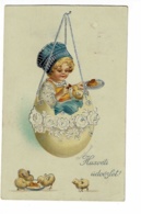 Carte Illustrée Ellen H Clapsaddle "Husvéti üdvözlet" Fillette Dans Une Coquille D'oeuf Nourissant Un Poussin De Gateau - Clapsaddle