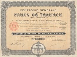 Indochine - Cie Générale Des Mines De Thakhek - Action "B" Ordinaire De 100 F / 1928 - Asien