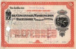 Titre De Bourse Made In USA - The Cincinnati, Washington And Baltimore Railroad Co.Titre De 100 Actions De 100$ Chacune. - Bahnwesen & Tramways